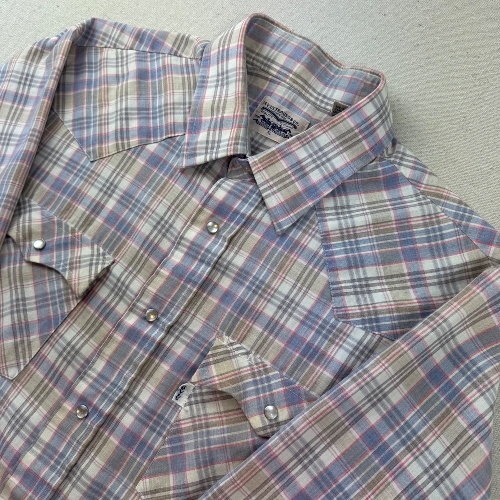 Levis Mens XL Plaid Western Pearl Snap Shirt Blue Tan Long Sleeve